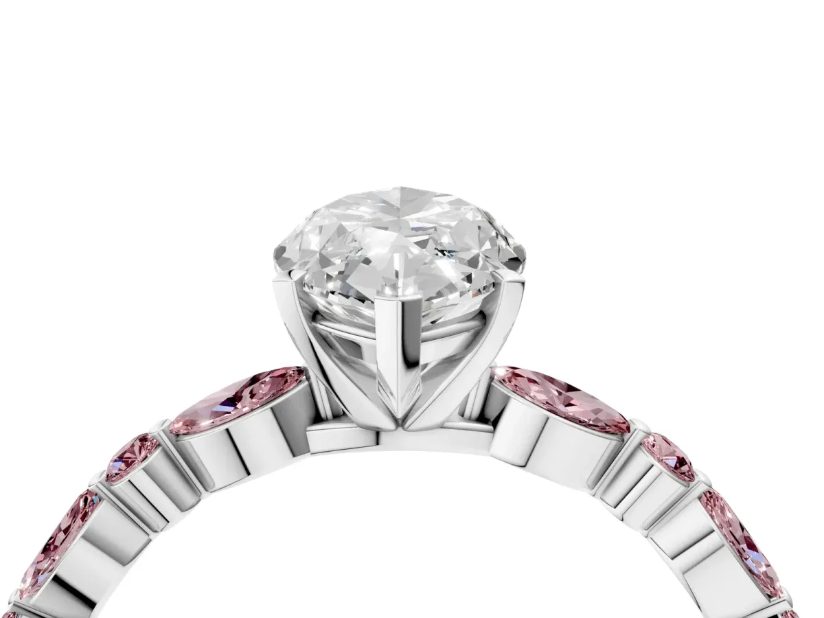 Marquise Cut Diamond Ring with Marquise and Round Morganite Side Stones and Four-Prong Setting White gold