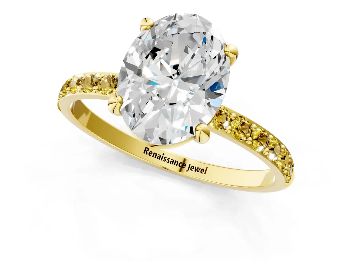 Oval Cut Diamond Solitaire Ring with Round Yellow Sapphire Pavé Band and Prong Setting Yellow gold