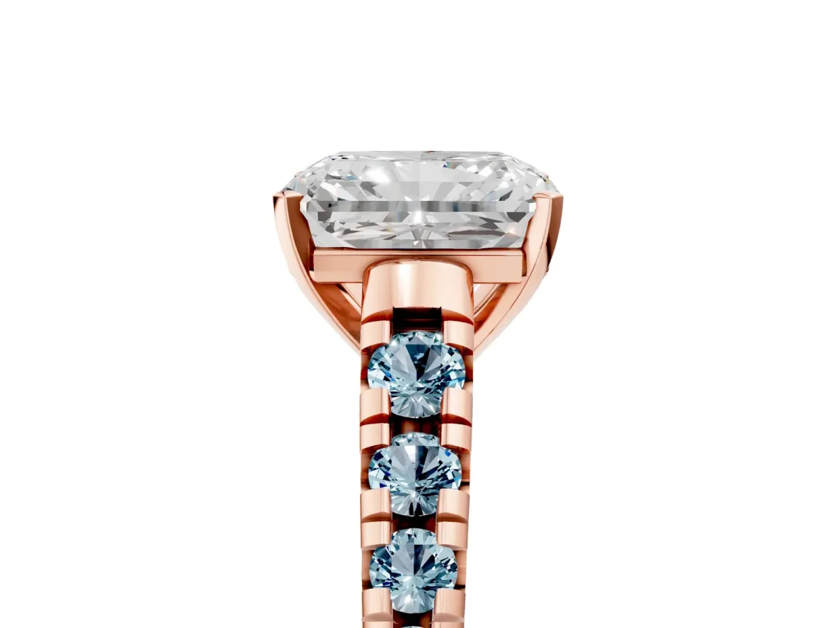 Radiant Cut Diamond Cathedral Solitaire Ring with Round Aquamarine Pavé Band Rose gold