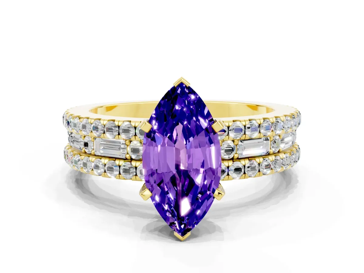 Marquise Cut Tanzanite Solitaire Ring with Pavé and Channel Set Band Yellow gold