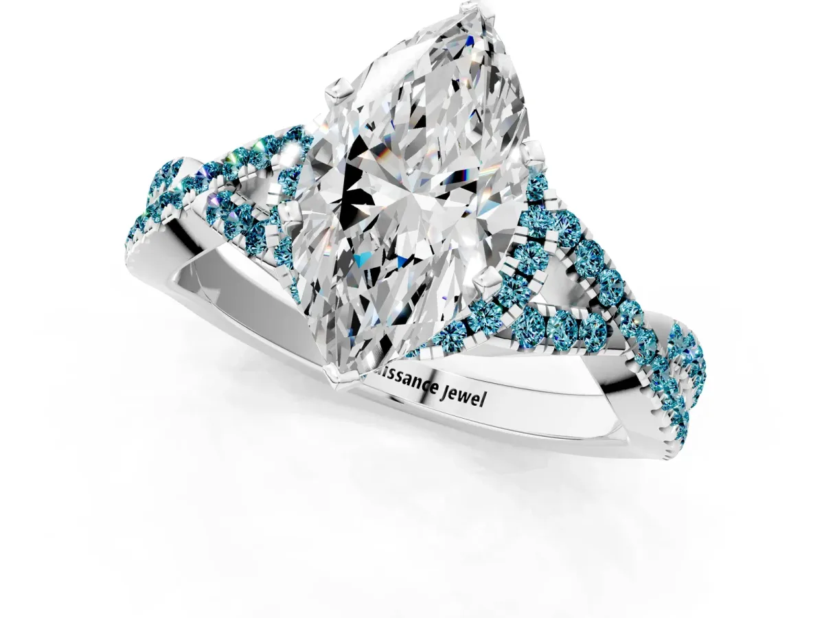 Marquise Cut Diamond Blue Topaz Halo Twist Band Solitaire Prong Setting Ring White gold