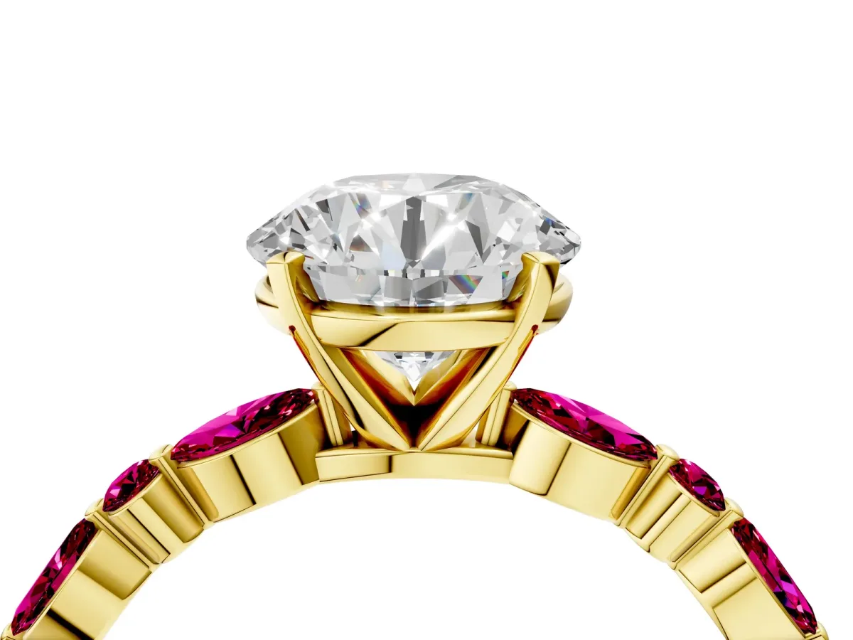 Round Cut Diamond Ring with Marquise and Round Garnet Side Stones and Four-Prong Setting Yellow gold
