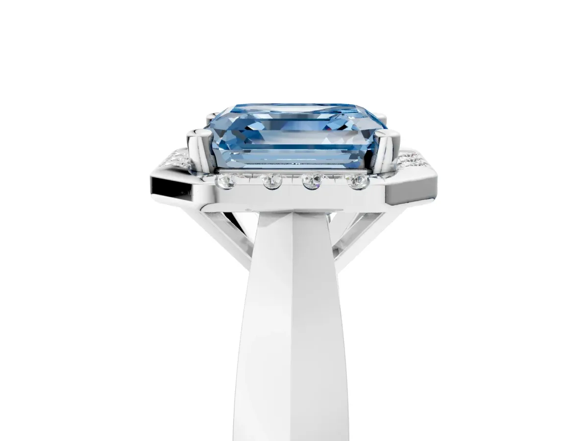 Fancy Blue Asscher Cut Cut Halo Solitaire Engagement Ring with Square Band and Four-Prong Setting White gold