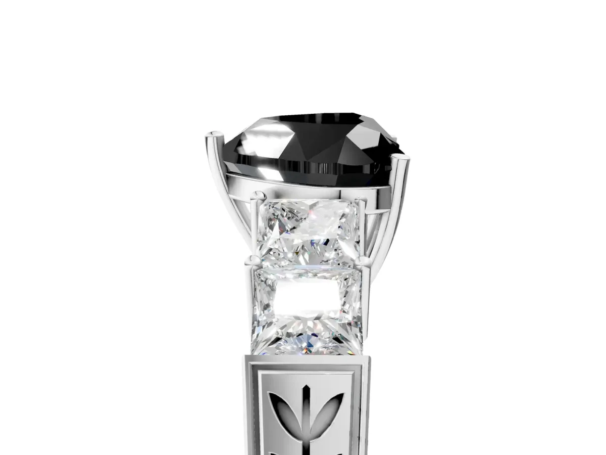 Fancy Black Heart Cut Solitaire Princess Side Stone Engraved Band Prong Setting Ring Platinum
