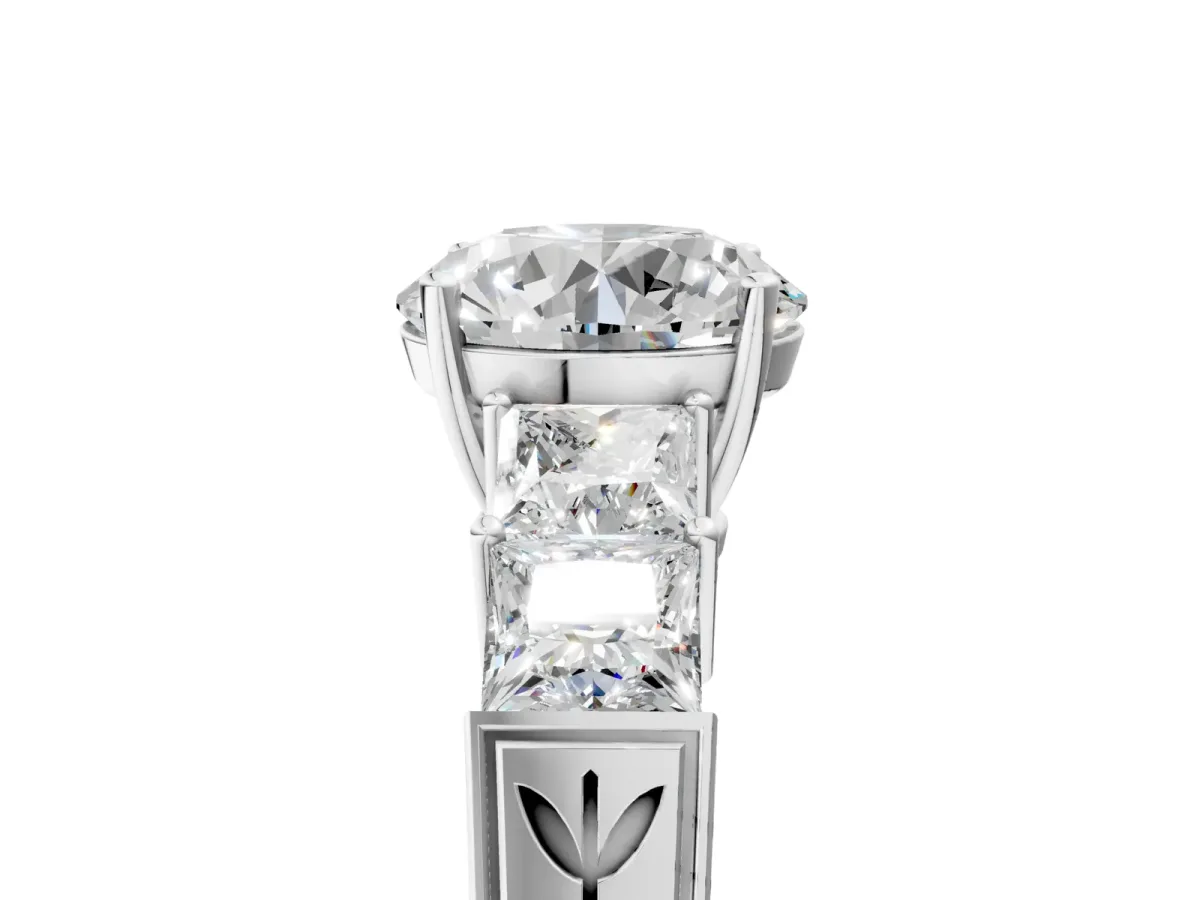 Round Cut Solitaire Princess Side Stone Engraved Band Prong Setting Ring Platinum