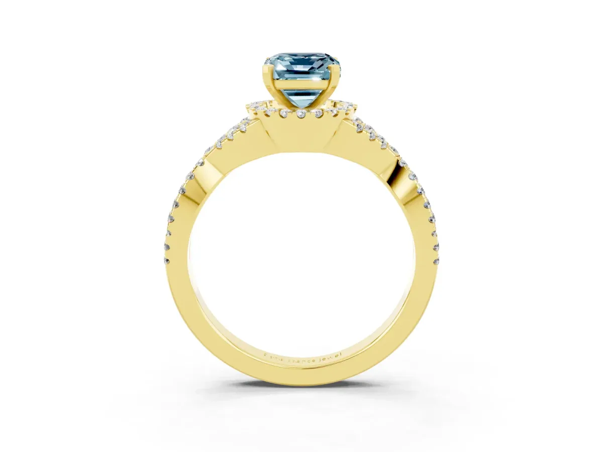 Emerald Cut Aquamarine Halo Twist Band Solitaire Prong Setting Ring Yellow gold