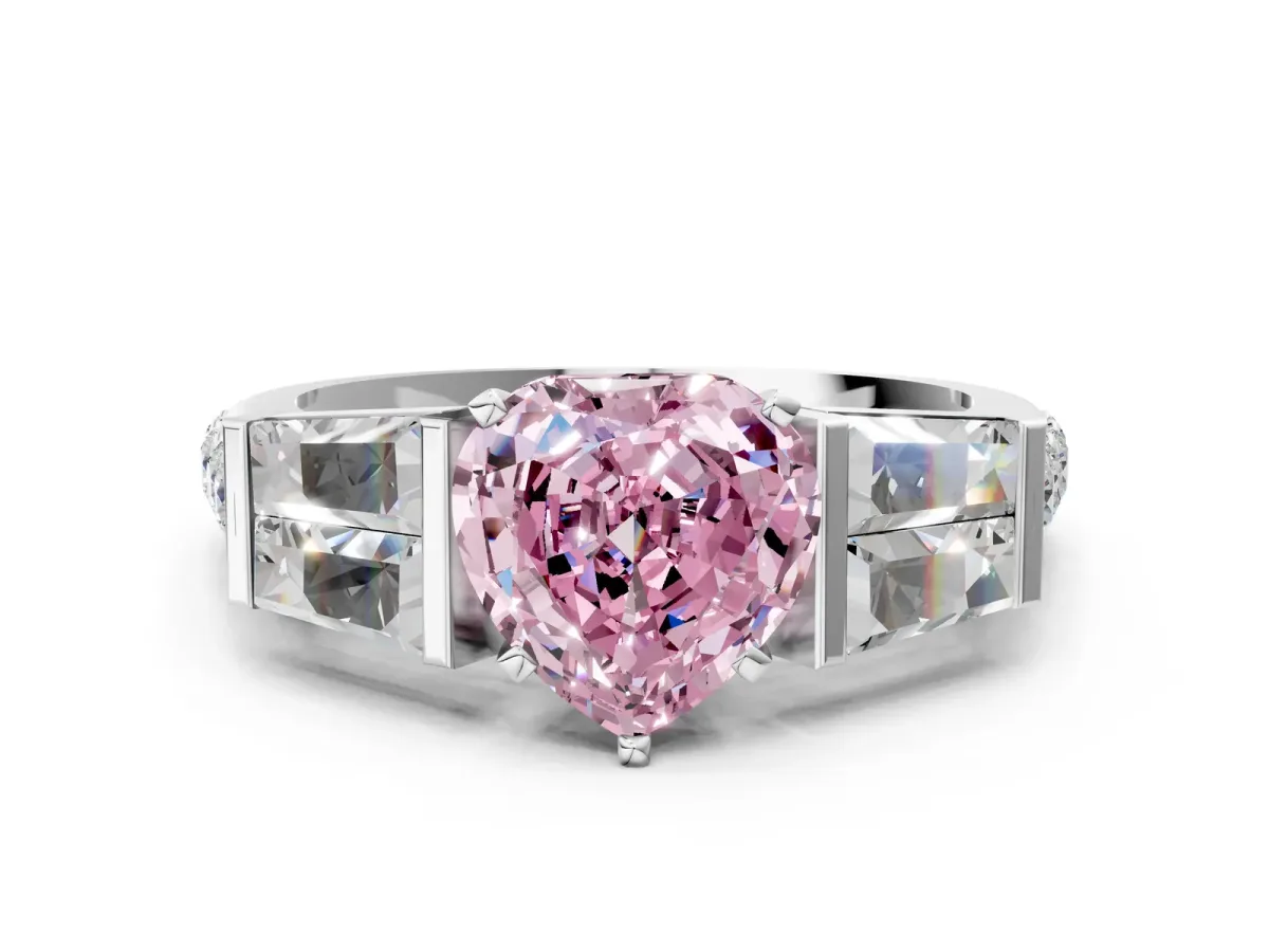 Fancy Pink Heart Cut Diamond Engagement Ring with Baguette Side Stones and Channel Set Band Platinum