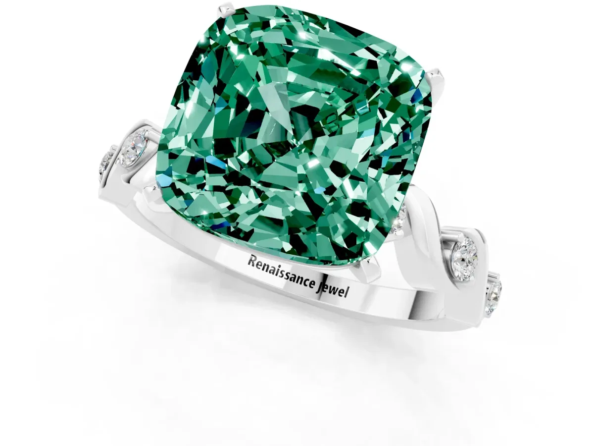 Cushion Cut Green Sapphire Solitaire Twisted Band with Round Accents and Prong Setting Platinum