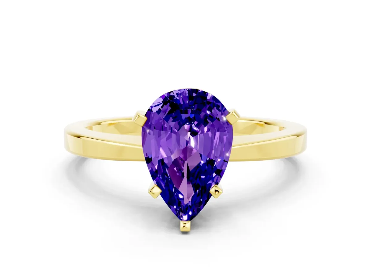 Pear Cut Tanzanite Solitaire Engagement Ring with Classic Band and Four-Prong Setting Yellow gold
