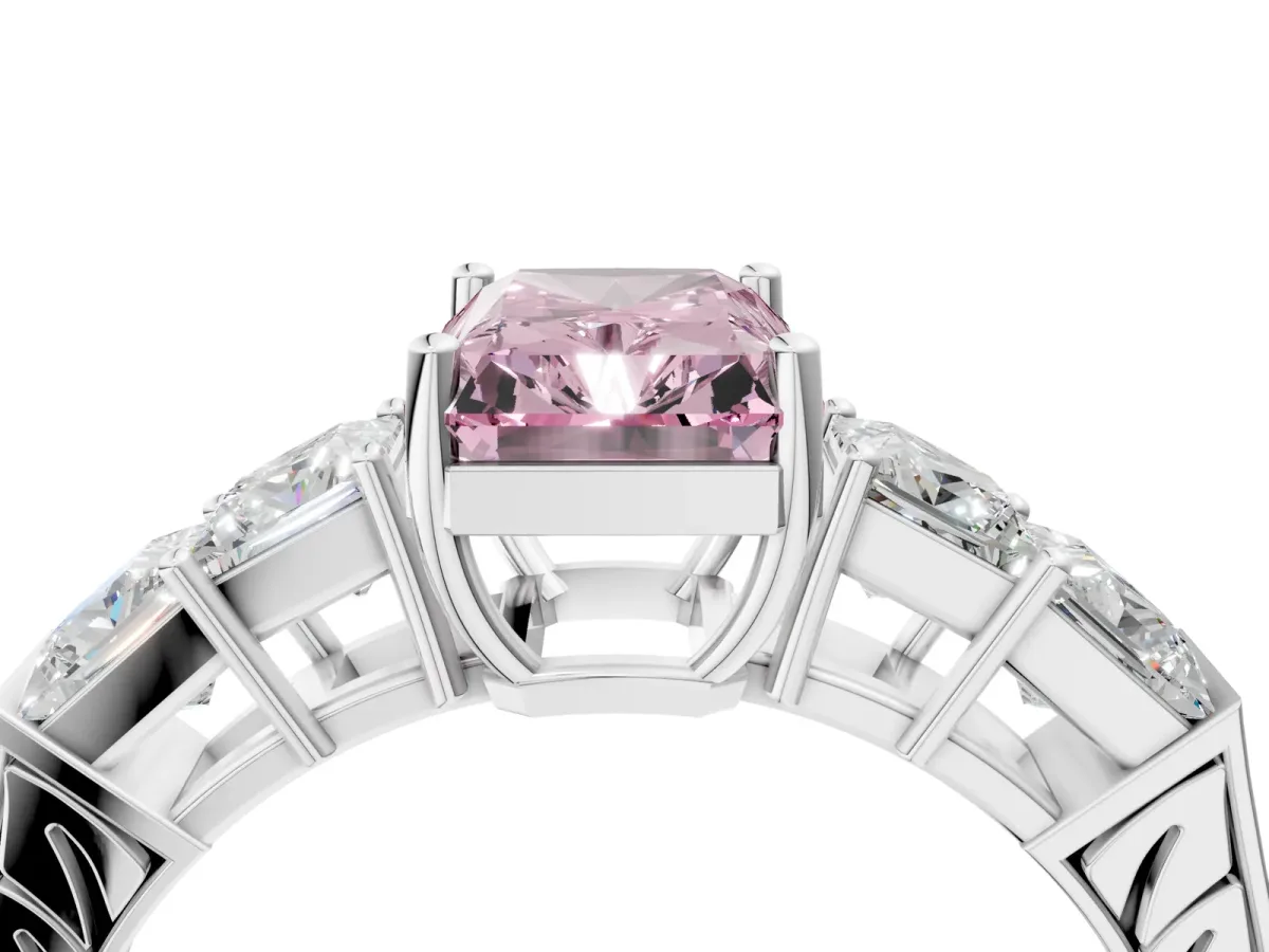 Fancy Pink Radiant Cut Solitaire Princess Side Stone Engraved Band Prong Setting Ring Silver
