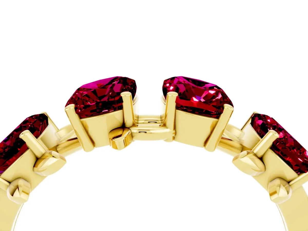 Four-Stone Elongated Cushion Garnet Band with Nature-Inspired Prong Setting Yellow gold