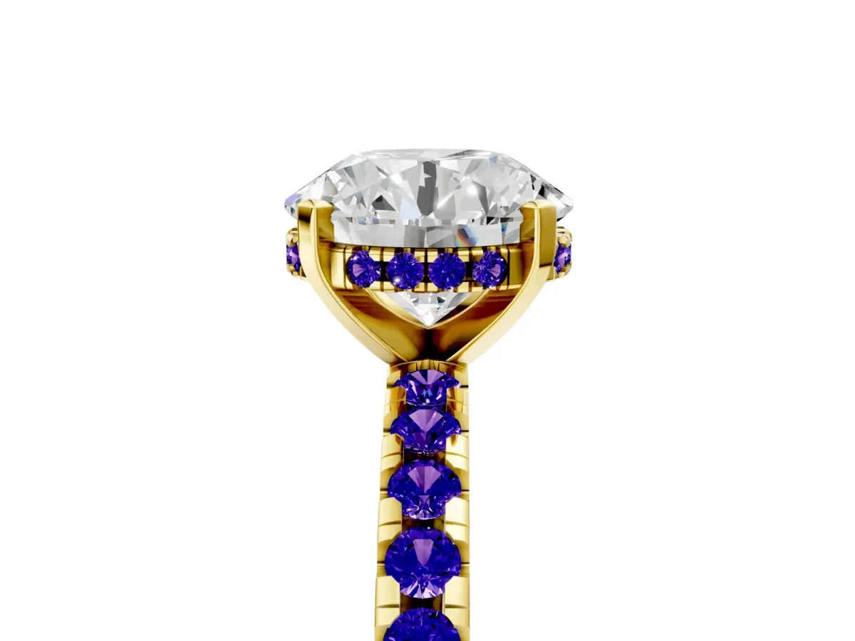 Round Cut Diamond Solitaire Ring with Round Tanzanite Pavé Band and Four-Prong Setting Yellow gold