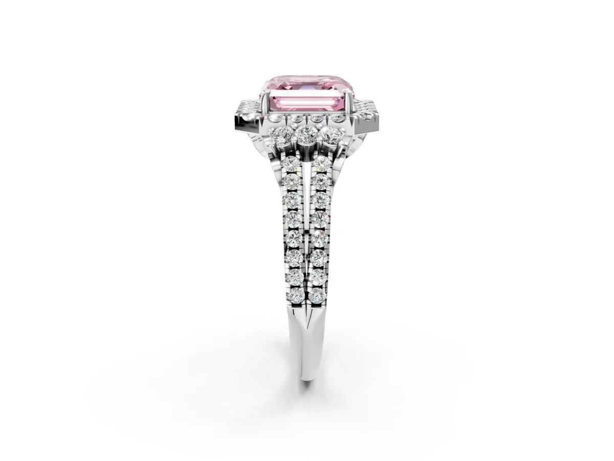 Fancy Pink Asscher Cut Cut Double Halo Diamond Engagement Ring with Pave Band and Four-Prong Setting Platinum