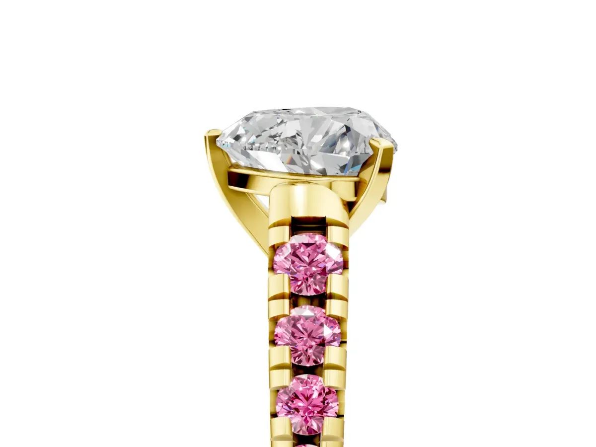 Heart Cut Diamond Cathedral Solitaire Ring with Round Pink Sapphire Pavé Band Yellow gold