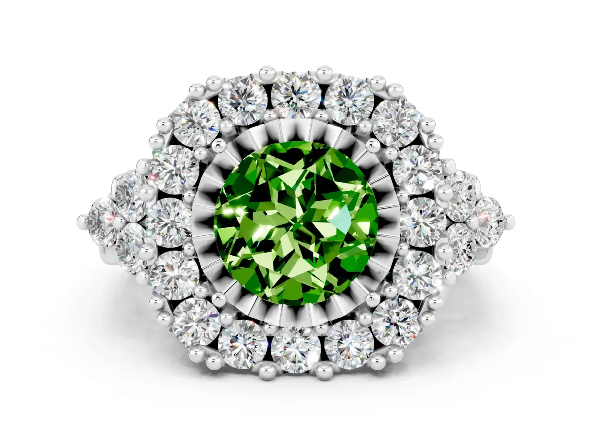 Round Cut Peridot Halo Ring with Pavé Band and Four-Prong Setting Silver