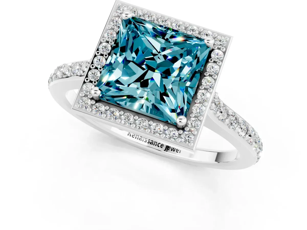 Princess Cut Blue Topaz Halo Engagement Ring with Round Pavé Shoulders and Prong Setting Silver