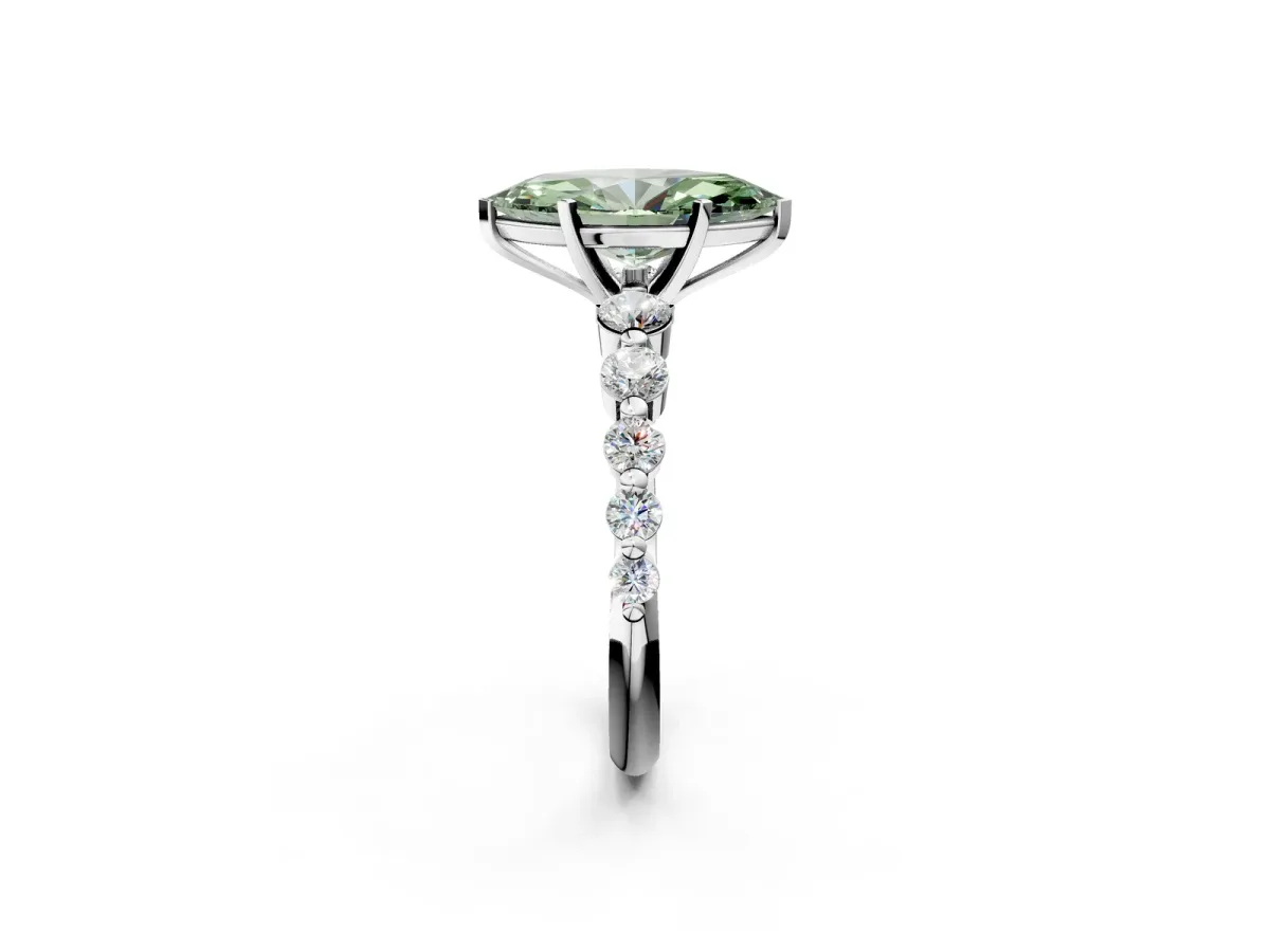 Fancy Green Marquise Cut Solitaire Diamond Ring with Pave Band and Four-Prong Setting Silver