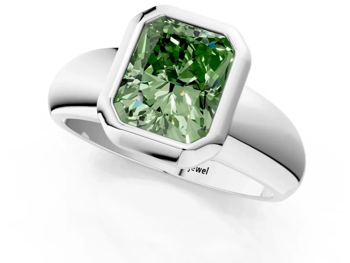 Fancy Green Bezel Set Radiant Cut Solitaire Ring with Wide Band Platinum