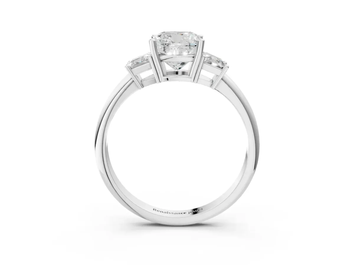 Cushion Cut Diamond Three-Stone Ring with Trapezoid Side Stones and Prong Setting Silver