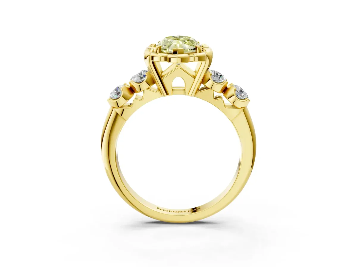Fancy Yellow Marquise Cut Cut Diamond Floral Halo Engagement Ring with Shared Prong Setting Yellow gold