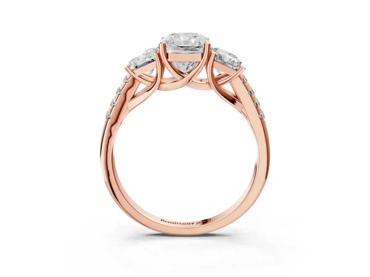 Three-Stone Radiant Cut Diamond Ring with Round Moissanite Pavé Band and Prong Setting Rose gold