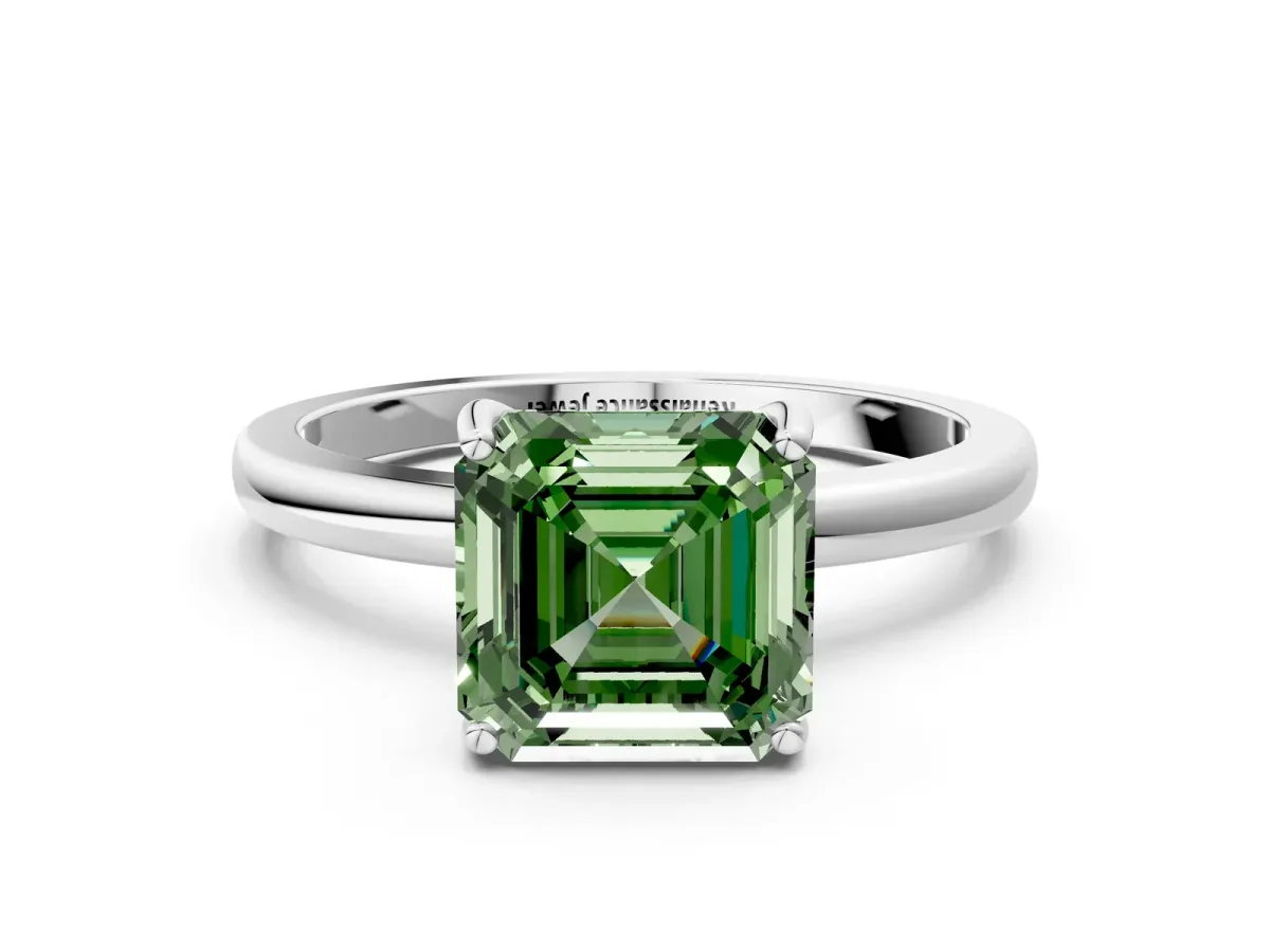 Fancy Green Asscher Cut Solitaire Diamond Ring with Prong Setting and Plain Band Silver
