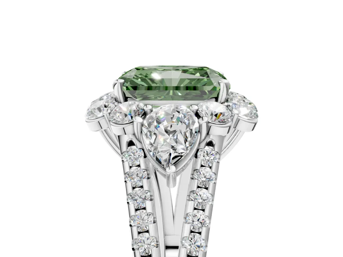Fancy Green Radiant Cut Halo Split Shank Diamond Engagement Ring with Prong Setting Platinum