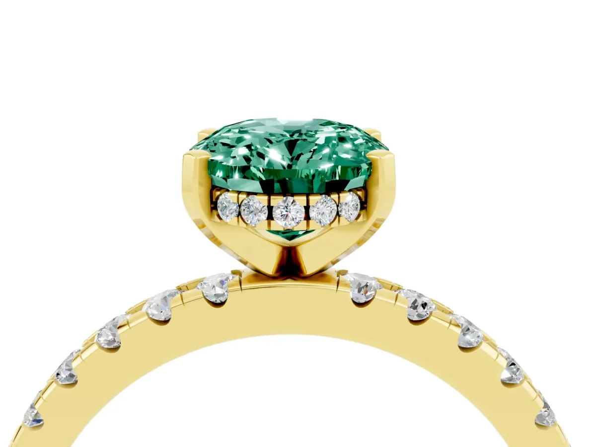 Oval Cut Green Sapphire Solitaire Ring with Round Pavé Band and Four-Prong Setting Yellow gold