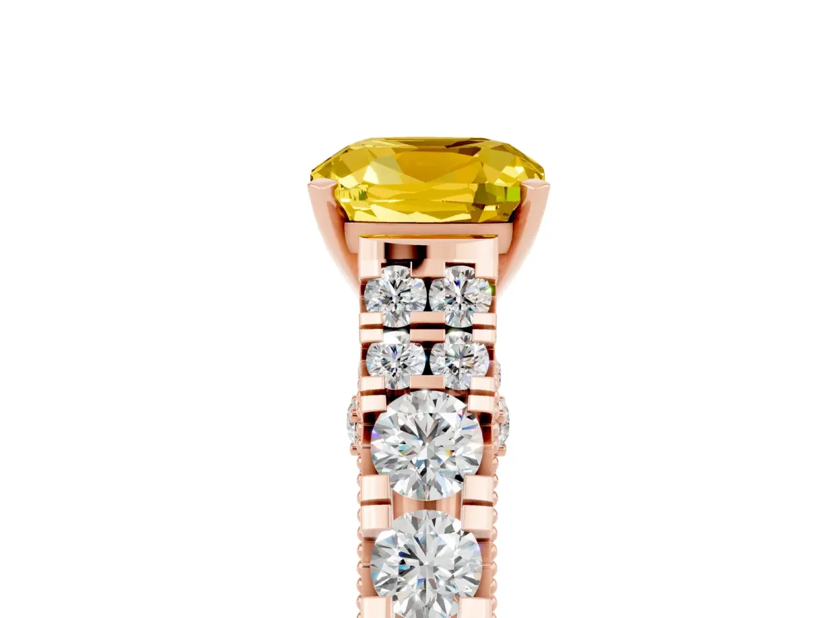 Cushion Cut Yellow Sapphire Classic Solitaire Ring with Pavé Band and Four-Prong Setting Rose gold