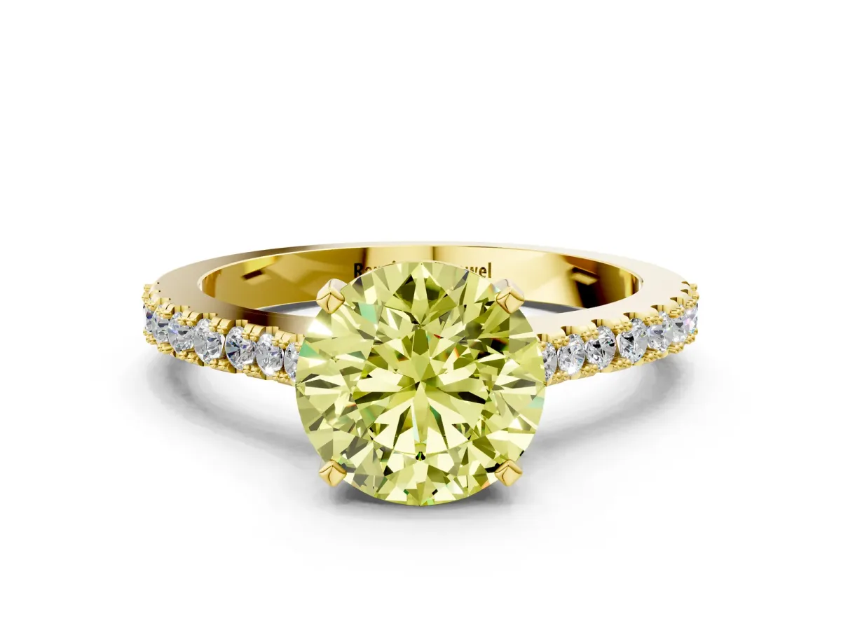 Fancy Yellow Round Cut Cut Solitaire Diamond Engagement Ring with Pave Band and Four-Prong Setting Yellow gold