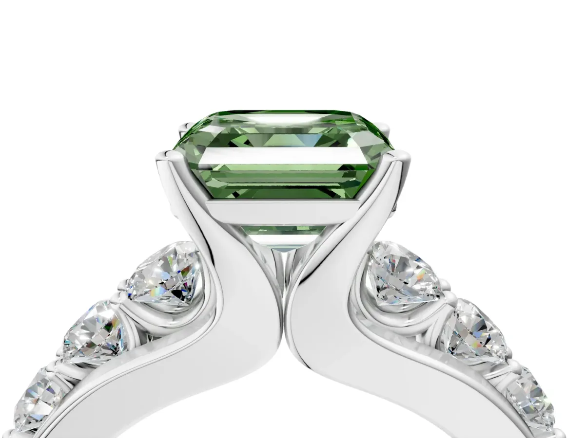 Fancy Green Asscher Cut Brilliant Solitaire with Side Stones on a Pave Band and Four-Prong Setting Platinum