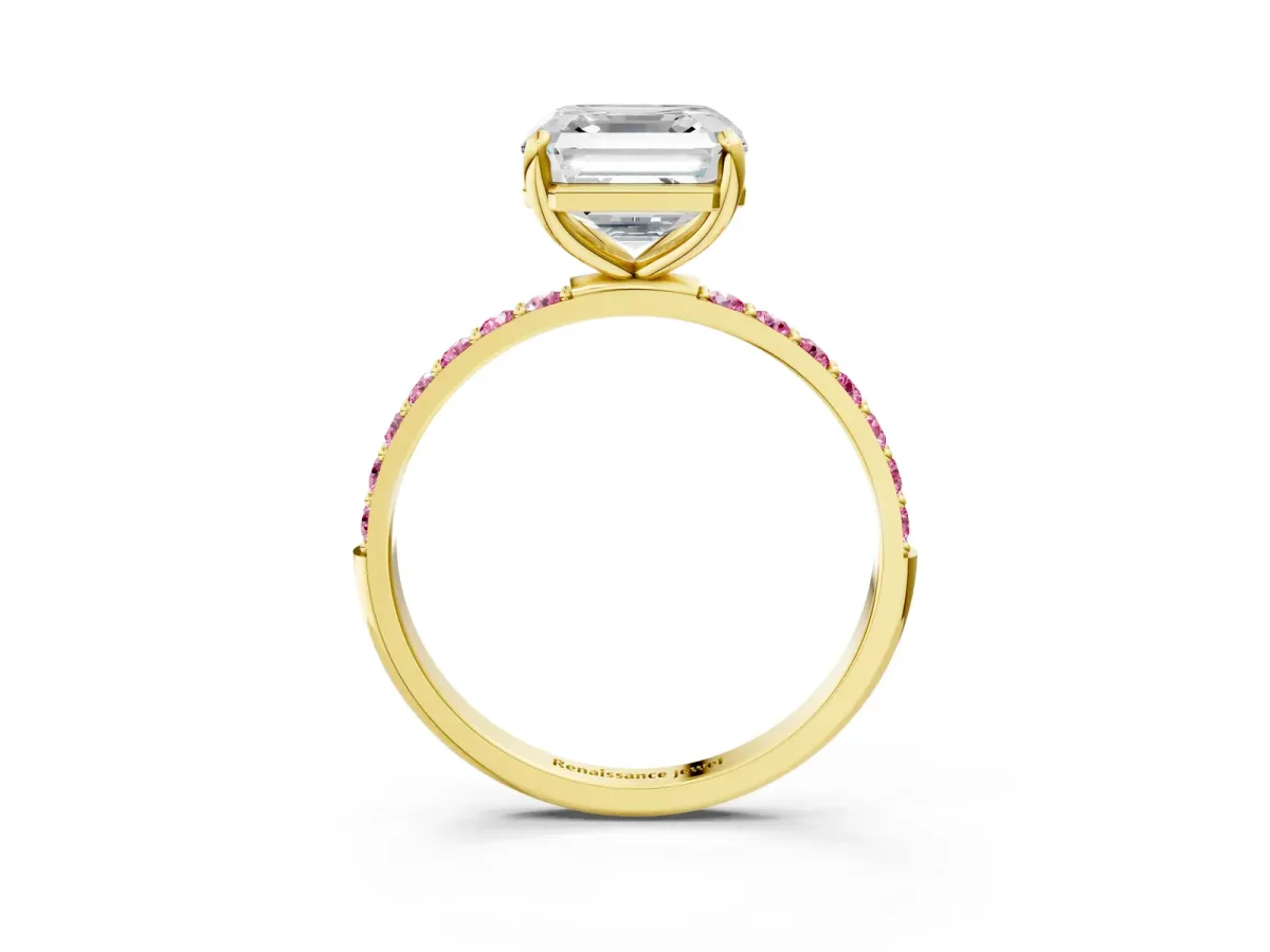 Asscher Cut Diamond Solitaire Ring with Round Pink Sapphire Pavé Band and Prong Setting Yellow gold