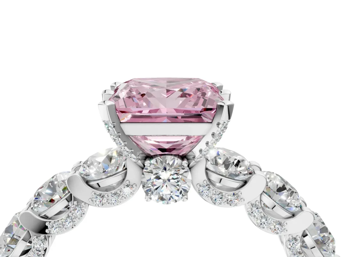 Fancy Pink Princess Cut Diamond Side Stone Engagement Ring with Four-Prong Setting White gold