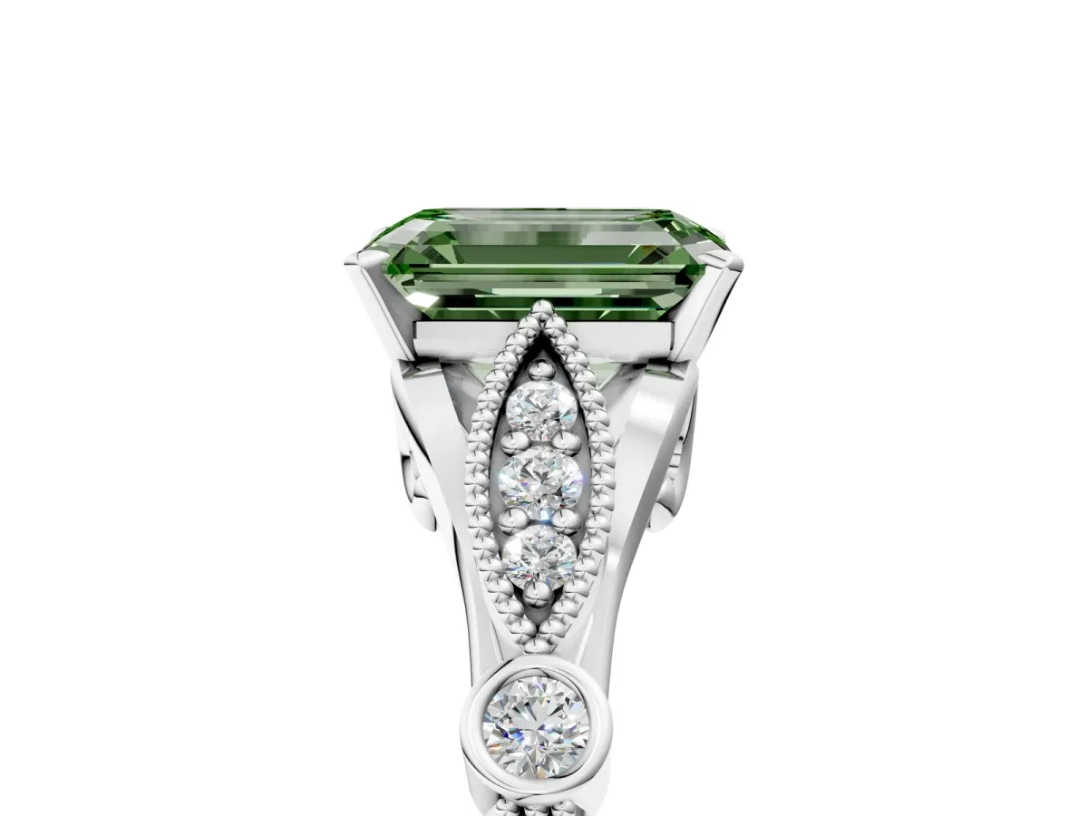 Fancy Green Emerald Cut Cut Diamond with Milgrain Marquise and Bezel Accents on a Solitaire Band with Prong Setting Silver