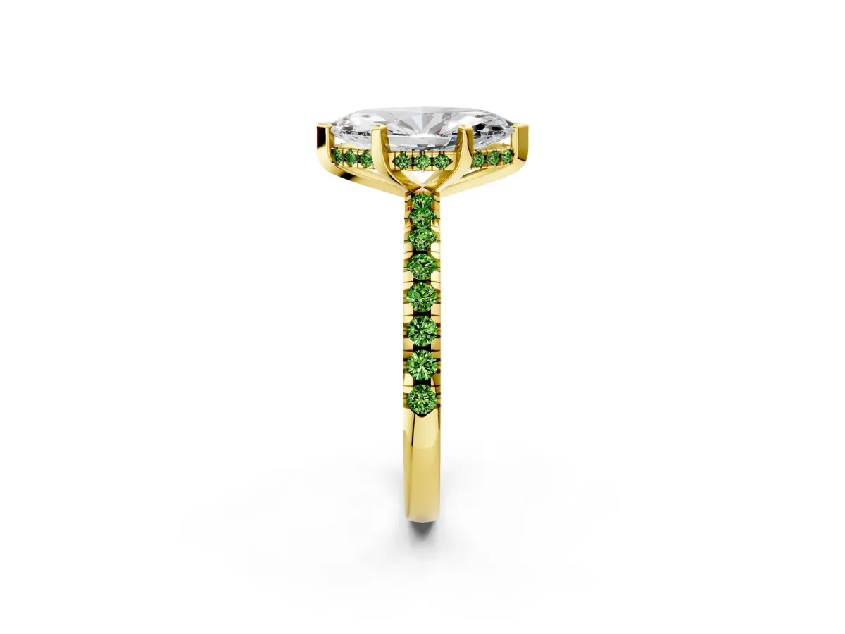 Marquise Cut Diamond Solitaire Ring with Round Peridot Pavé Band and Four-Prong Setting Yellow gold
