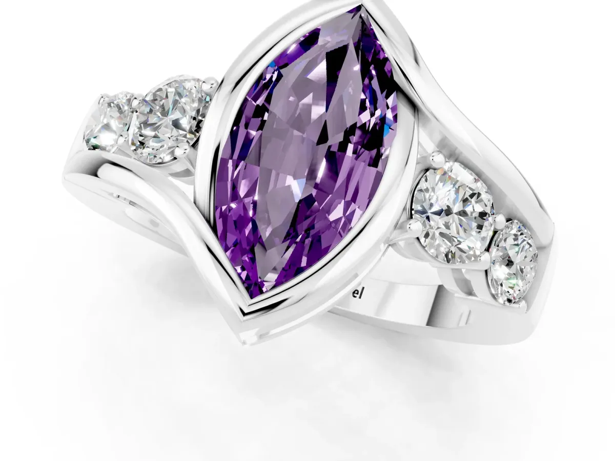 Bezel Set Marquise Cut Amethyst Bypass Ring with Round Accents Silver