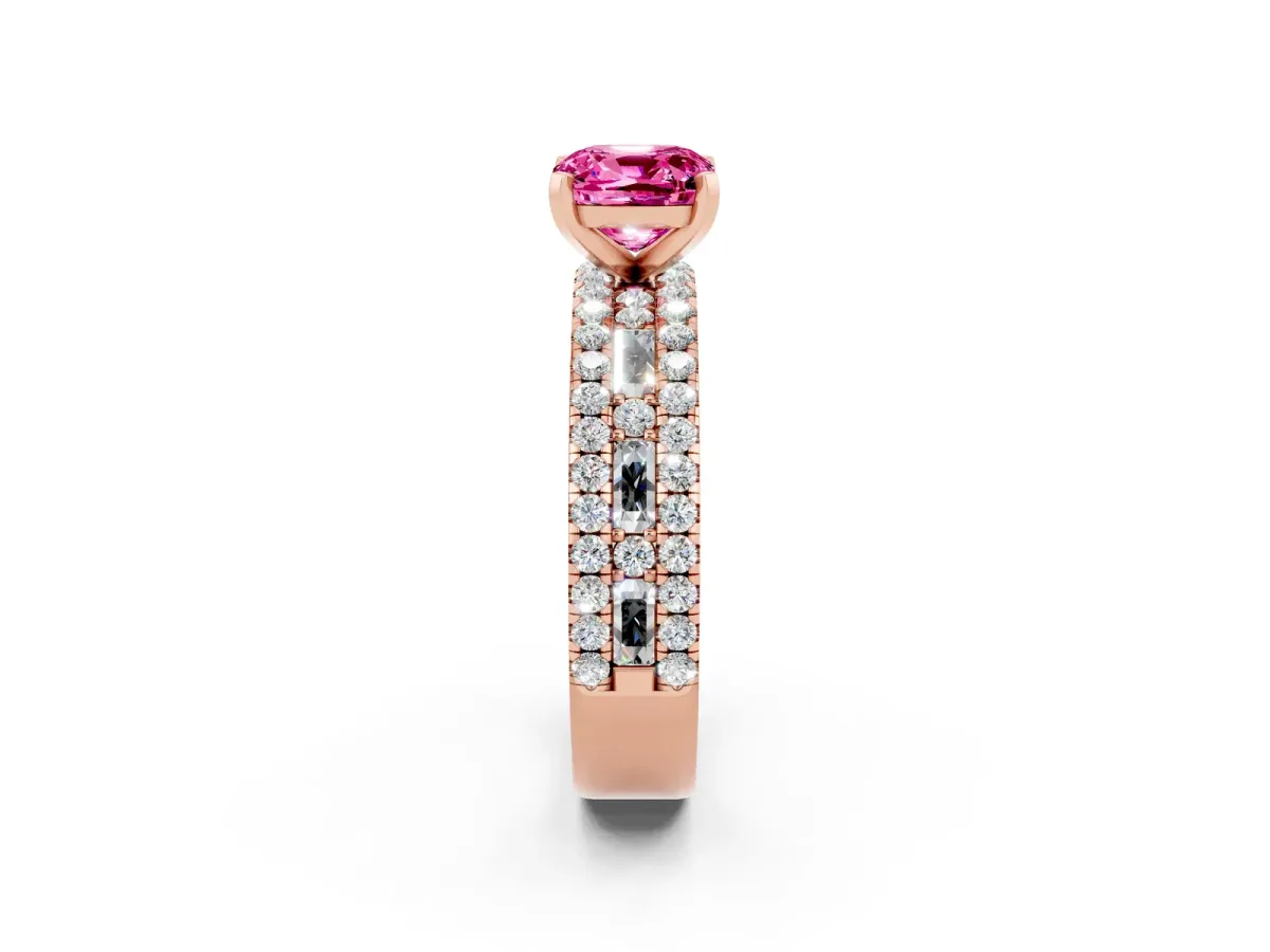 Cushion Cut Pink Sapphire Solitaire Ring with Pavé and Channel Set Band Rose gold