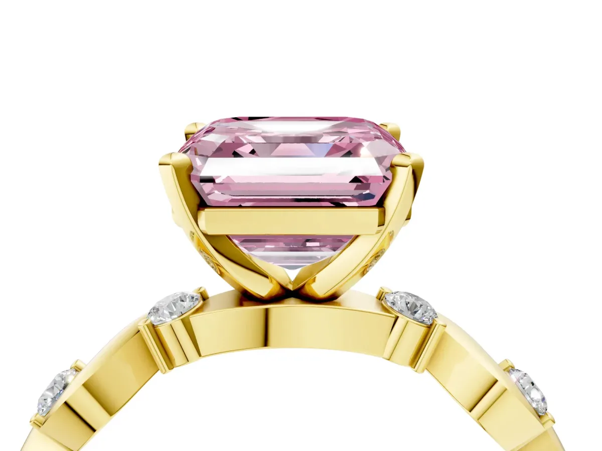 Fancy Pink Asscher Cut Diamond Solitaire Twisted Band with Round Accents and Prong Setting Yellow gold