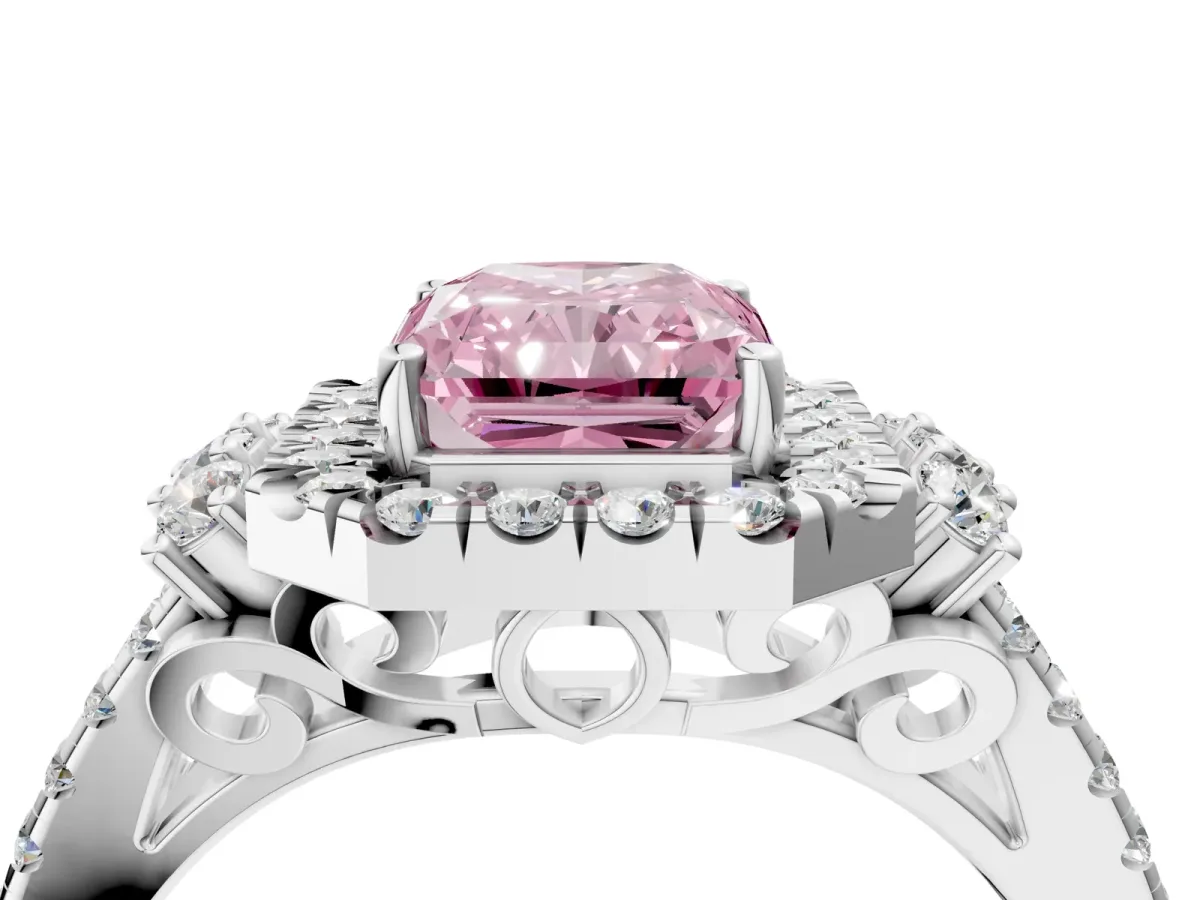 Fancy Pink Radiant Cut Cut Double Halo Diamond Engagement Ring with Pave Band and Four-Prong Setting Platinum