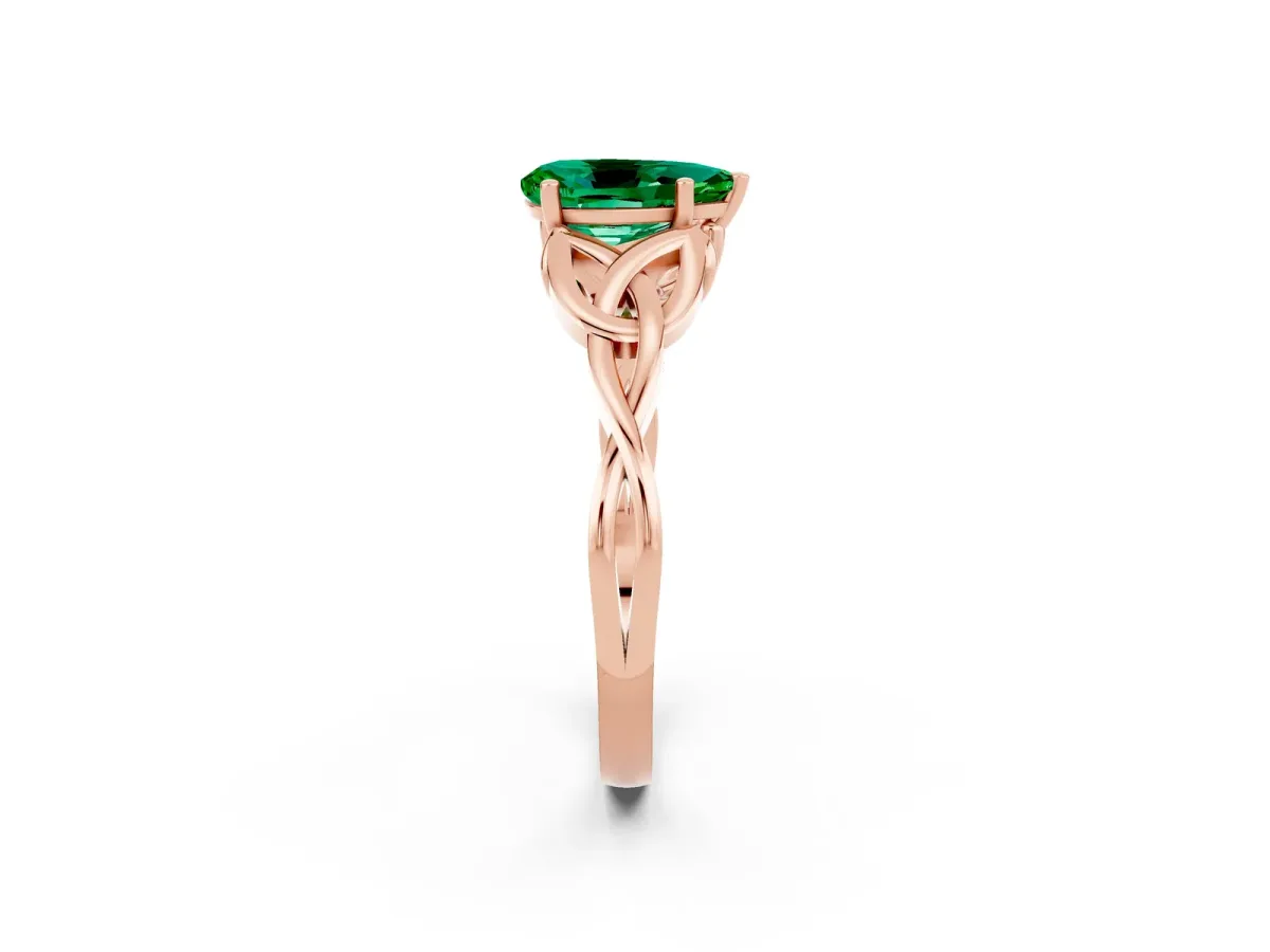Pear Cut Emerald Solitaire Celtic Knot Ring with Four-Prong Setting Rose gold
