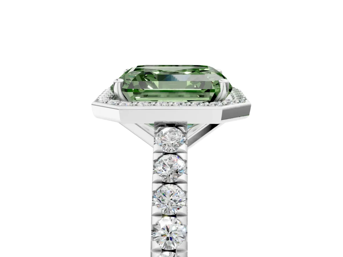 Fancy Green Asscher Cut Cut Halo Diamond Engagement Ring with Pave Band and Four-Prong Setting Platinum