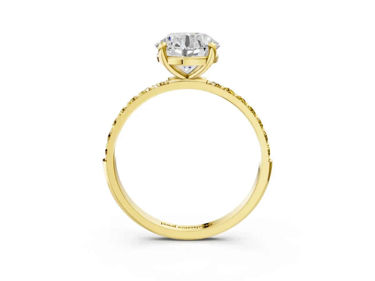 Round Cut Diamond Solitaire Ring with Round Yellow Sapphire Pavé Band and Prong Setting Yellow gold