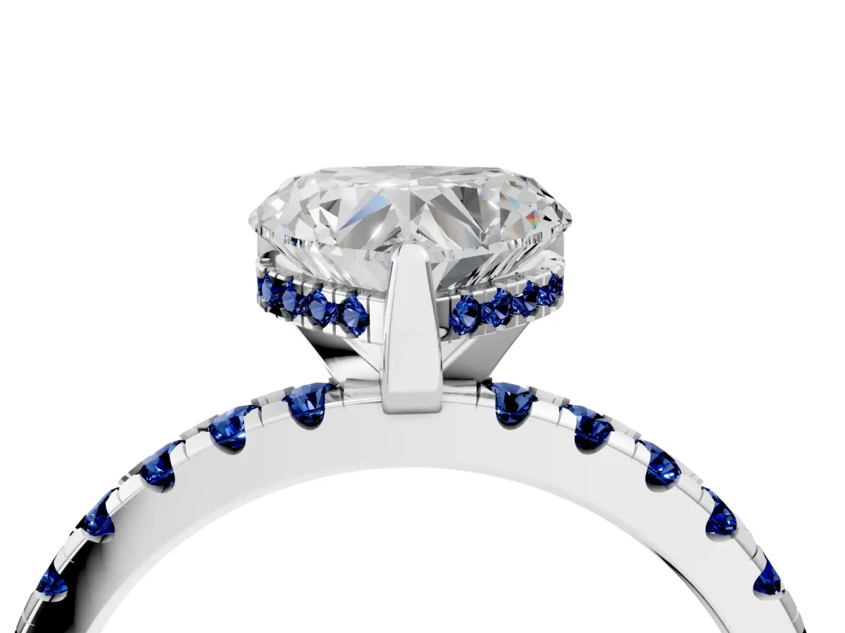 Heart Cut Diamond Solitaire Ring with Round Blue Sapphire Pavé Band and Four-Prong Setting White gold