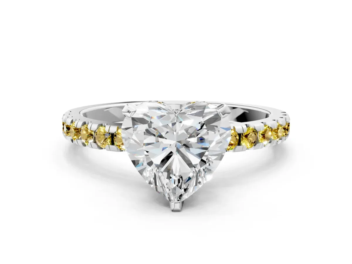 Heart Cut Diamond Solitaire Ring with Round Yellow Sapphire Pavé Band and Four-Prong Setting White gold