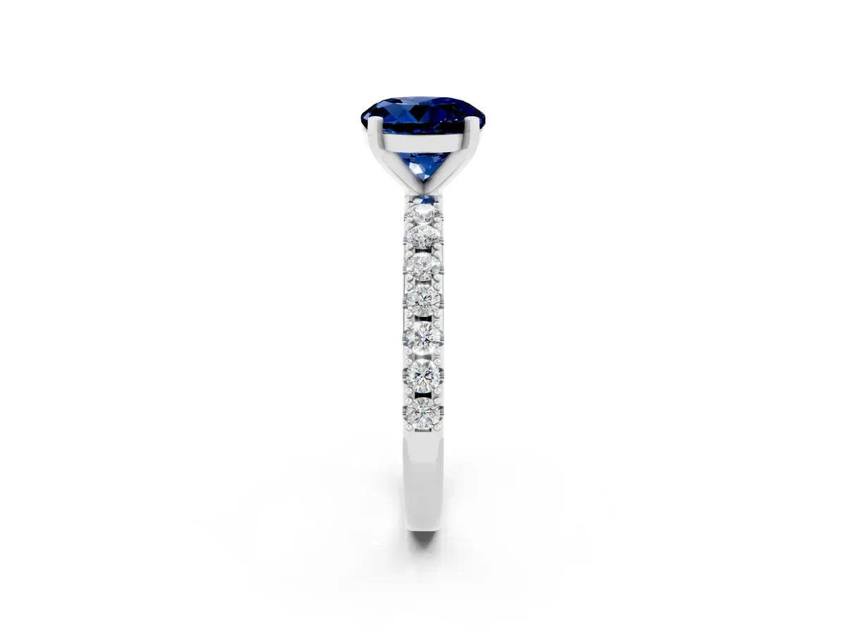 Round Cut Blue Sapphire Solitaire Pavé Band with Four-Prong Setting Silver