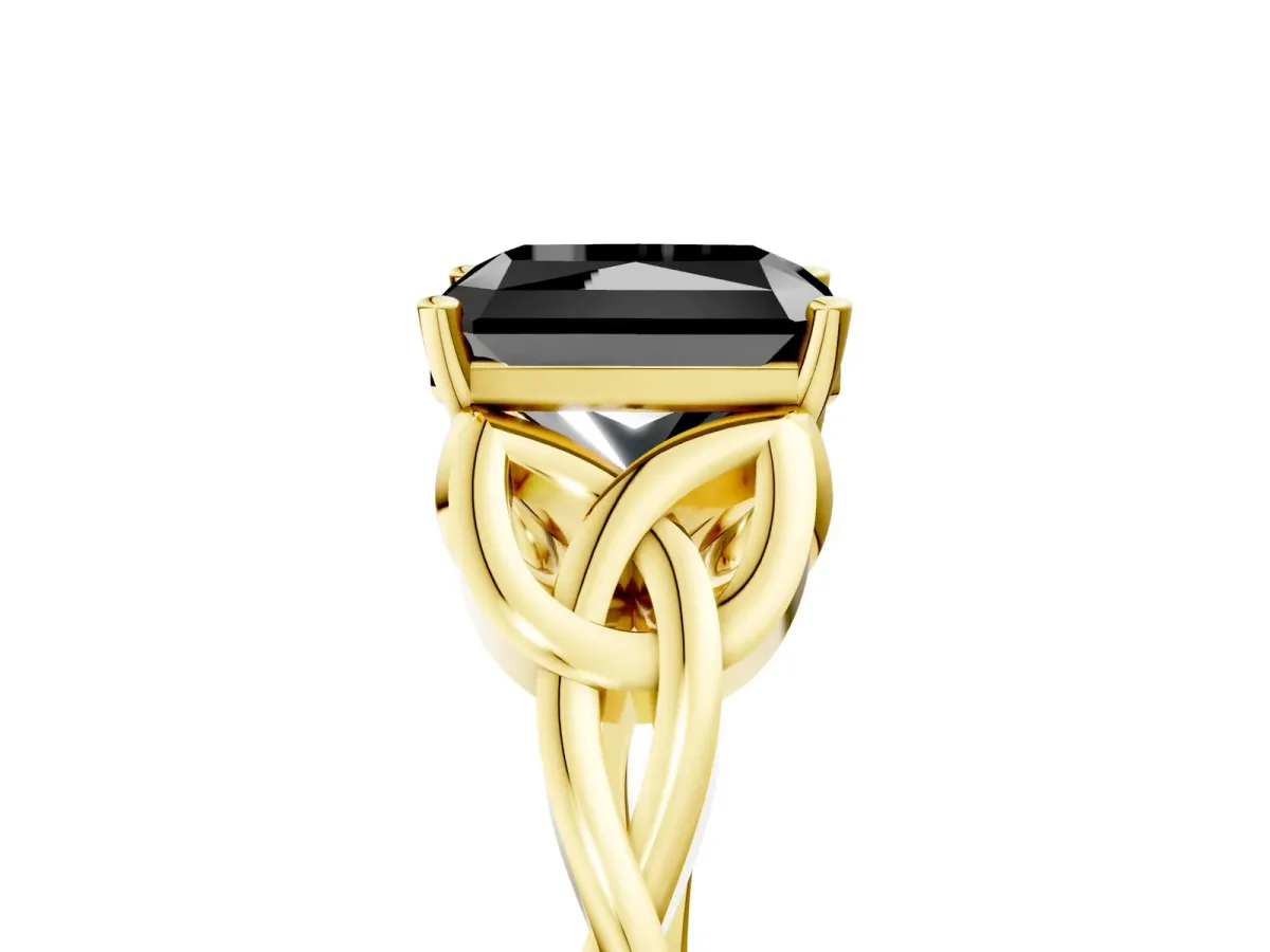 Fancy Black Radiant Cut Diamond Solitaire Engagement Ring with Celtic Knot Band and Four-Prong Setting Yellow gold