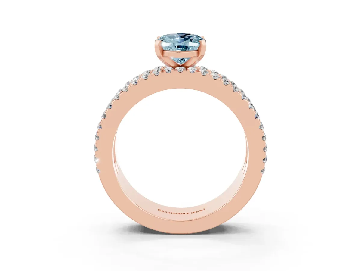 Oval Cut Aquamarine Solitaire Ring with Pavé and Channel Set Band Rose gold