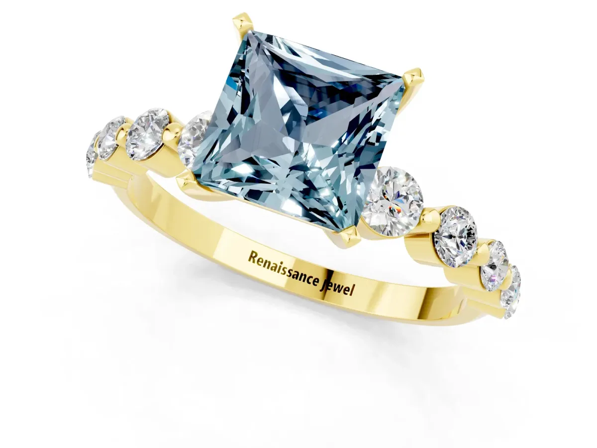 Princess Cut Solitaire Aquamarine Ring with Pave Band and Four-Prong Setting Yellow gold
