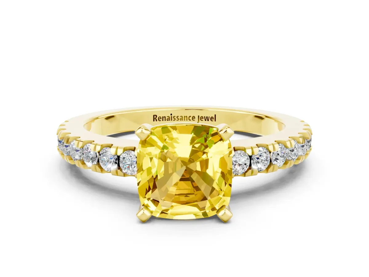 Cushion Cut Solitaire Yellow Sapphire with Pavé Band and Four-Prong Setting Yellow gold