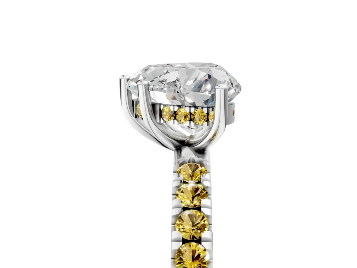 Heart Cut Diamond Pave Band Solitaire Ring with Round Yellow Sapphire and Prong Setting White gold